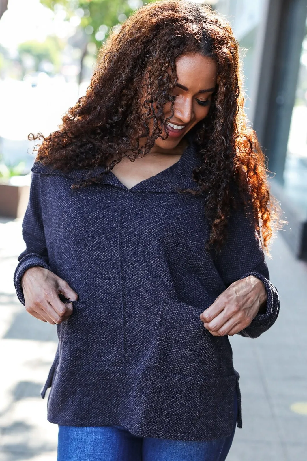 Maxct &Easy Living Charcoal Textured Knit Notch Neck Oversized Collar Sweater