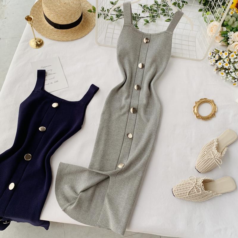 Summer Pink/Red/White/Black Women Knitted Dress Vintage High Waist Button Single-breasted Slim Casual Dress For Female New