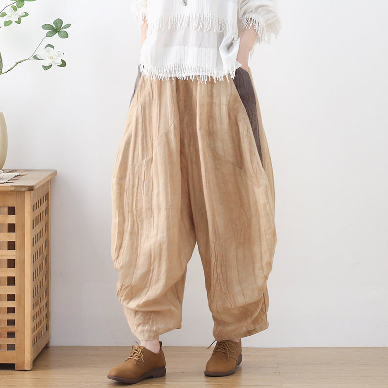 Women Loose Crinkled Color Block Linen Pants