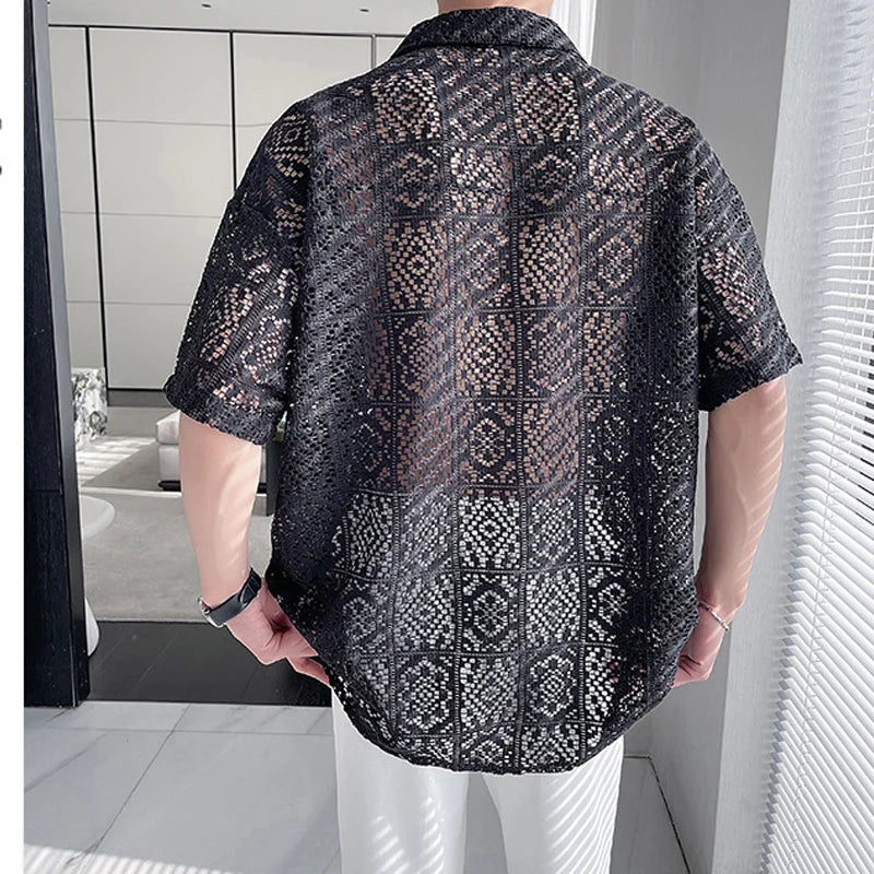 Maxct Summer New Casual Hollow Out Shirts Men Sexy See Through Breathable Shirt For Mens Fashion Solid Color Lapel Buttoned Cardigans