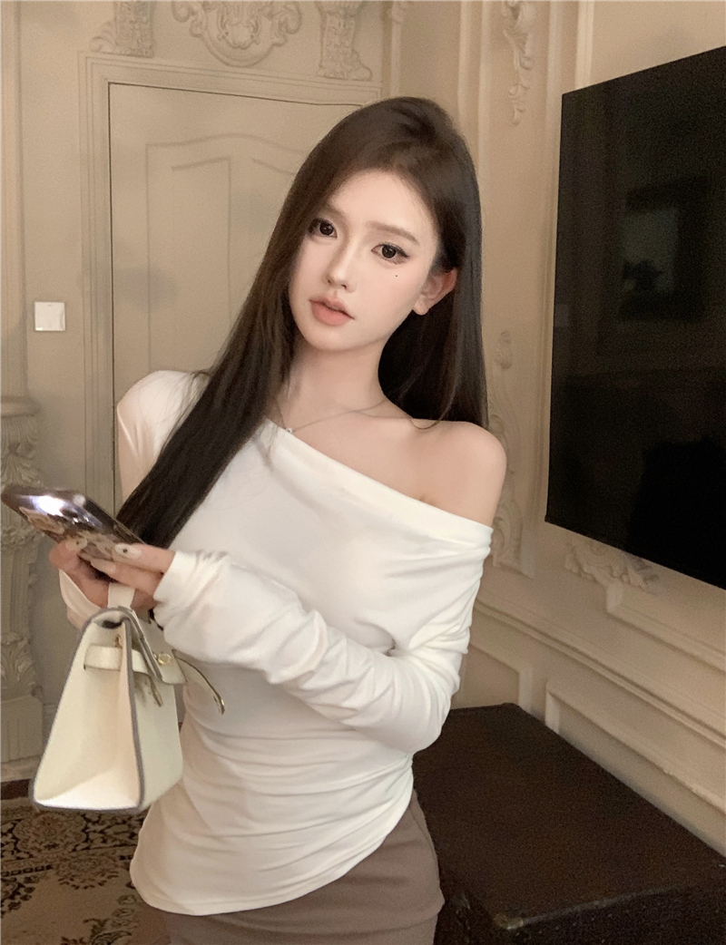 Black Solid Slash Neck Elegant Long Sleeve Tops Fashion Slim Sexy Cropped T Shirt Skinny Women Y2k Clothing Autumn Casual Shirts