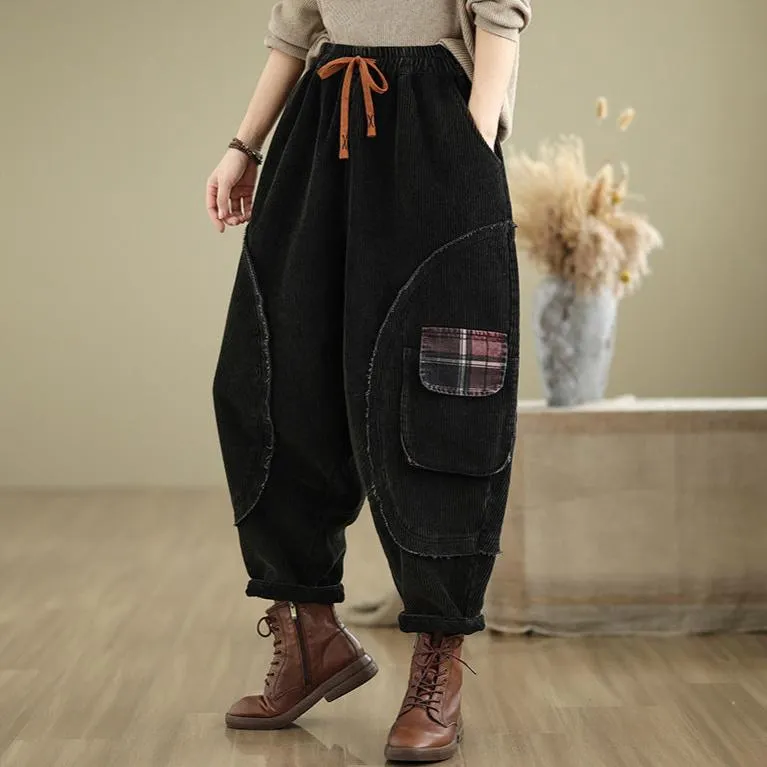 Maxct Women Winter Corduroy Fleece-Lined Casual Cropped Harem Pants