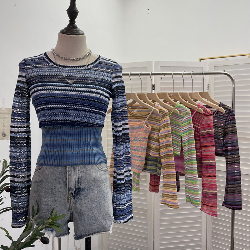 Maxct outfit inspo fall American Hot Girl Contrast Color Striped Stitching Short Navel Blouse + Slim Camisole Two-Piece Set 8869
