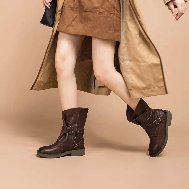 Womens Retro Mid Calf Boots for Winter Buckles Boots Coffee/Brown/Black Maxct