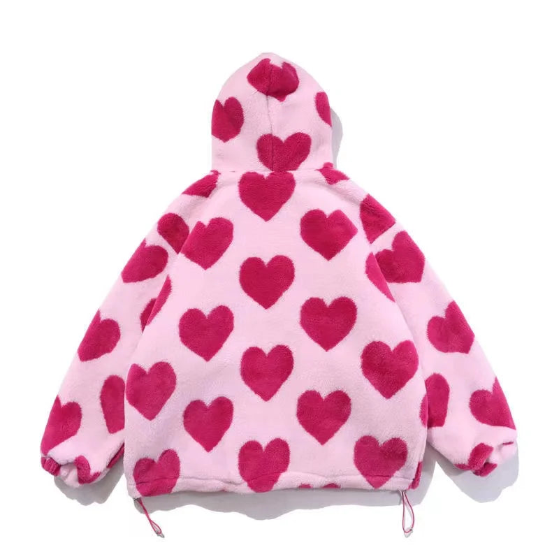 Student Hoodie Cotton Women's Hearts Print Fur Jacket Maxct