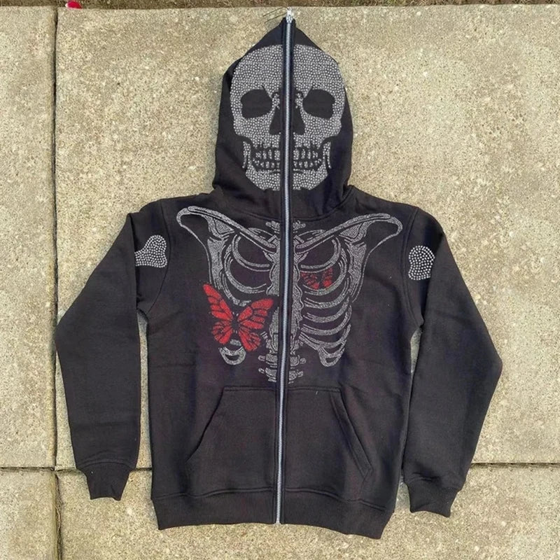 Unisex Rhinestone Skeleton & Butterfly Zip Hoodie