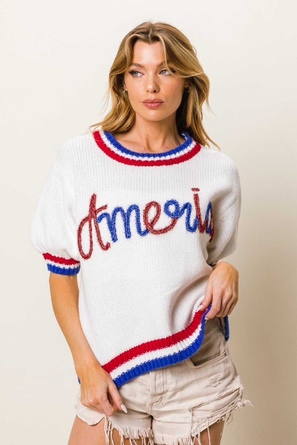 Maxct &BiBi Metallic America Letter Short Sleeve Sweater