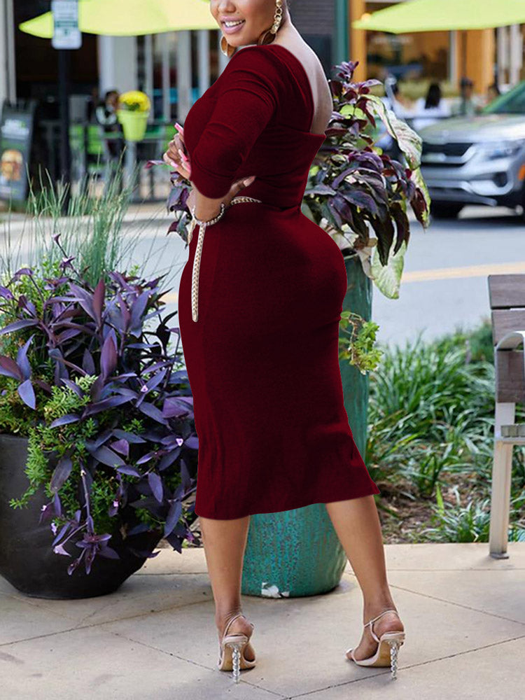 One Shoulder Slit Dress with Chain Belt Maxct