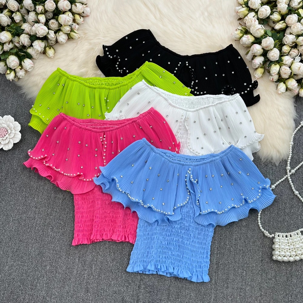 Maxct Sweet Cropped T-shirt Women Beading Ruffles Slash Neck Crop Tops Girls High Stretchy Fashon Tee Shirts