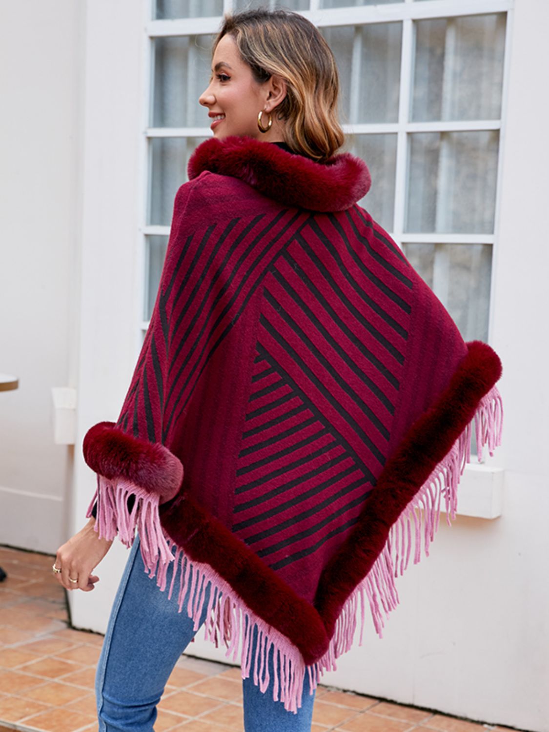 Maxct &Striped Fringe Hem Poncho