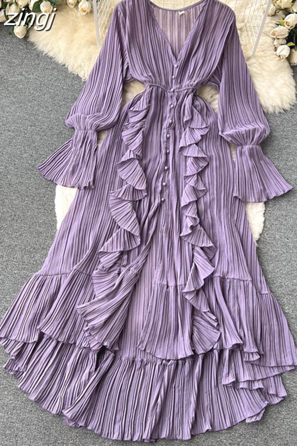 Maxct Maxct Chiffon Pleated Long Dress Women Vintage V-Neck Flare Sleeve Draped Ruffle Vestido Female Maxi Robe Spring Fall 1215-1