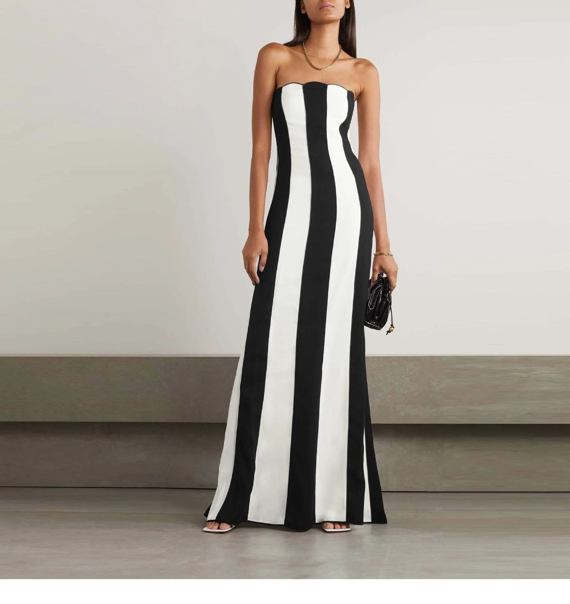 Maxct Strapless Bandage Dress Women's Hepburn Chest Wrap Skirt Black And White Striped High-end Banquet Dress Daily Wear