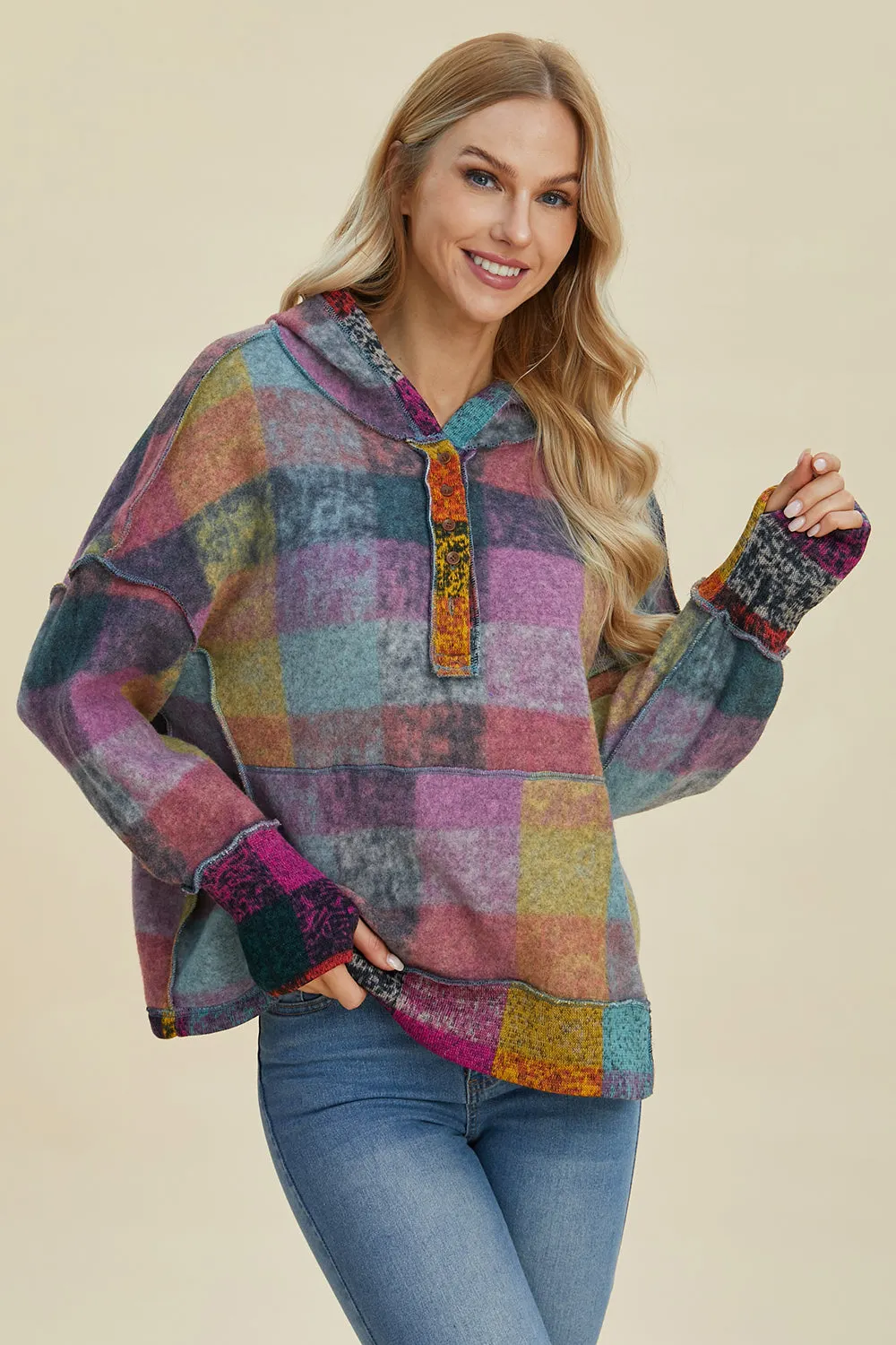 Maxct &Double Take Full Size Plaid Dropped Shoulder Fleece Hoodie