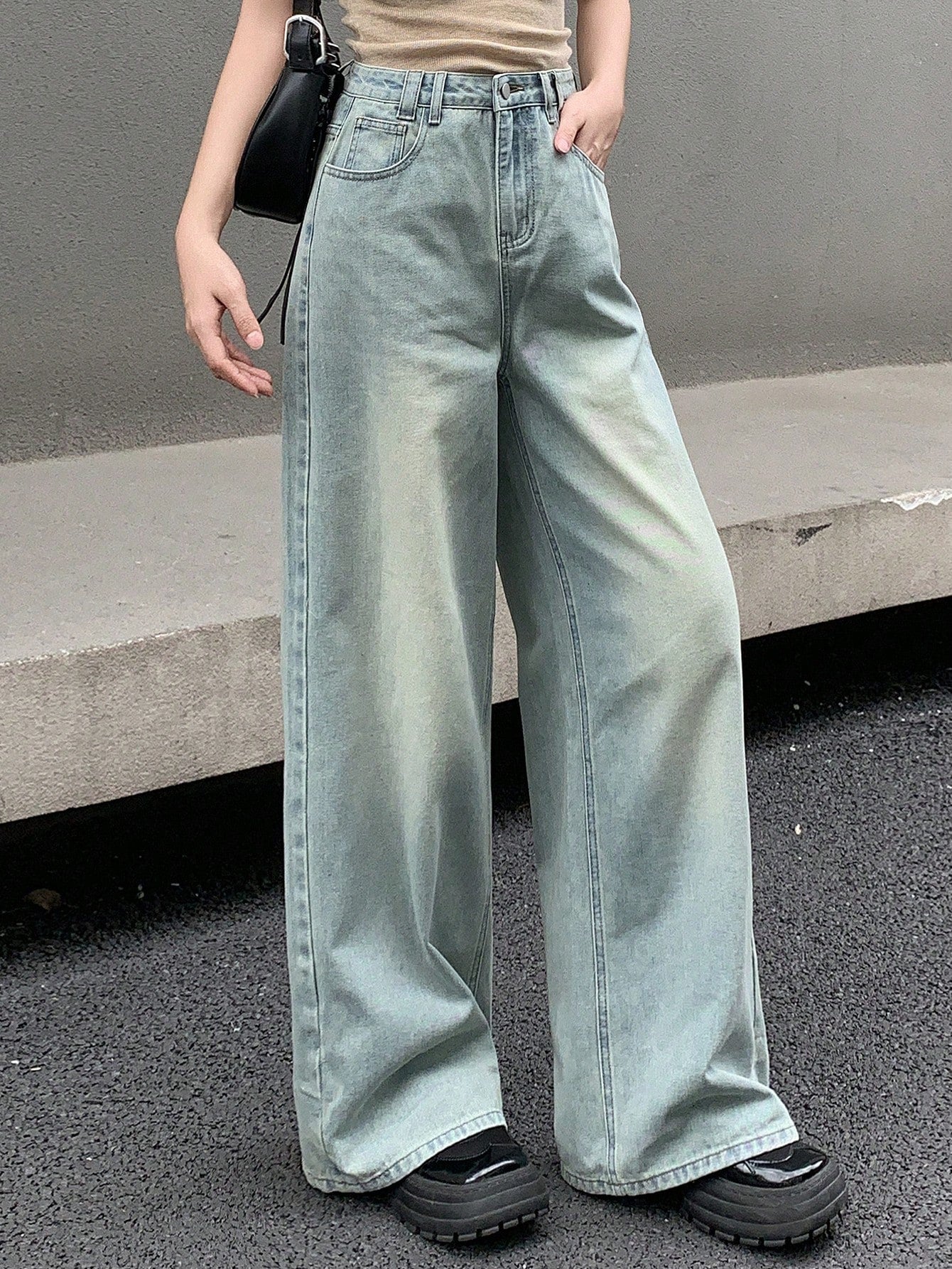 Maxct Women's Casual Loose Fit Wide Leg Seven-Point Denim Pants With Pockets