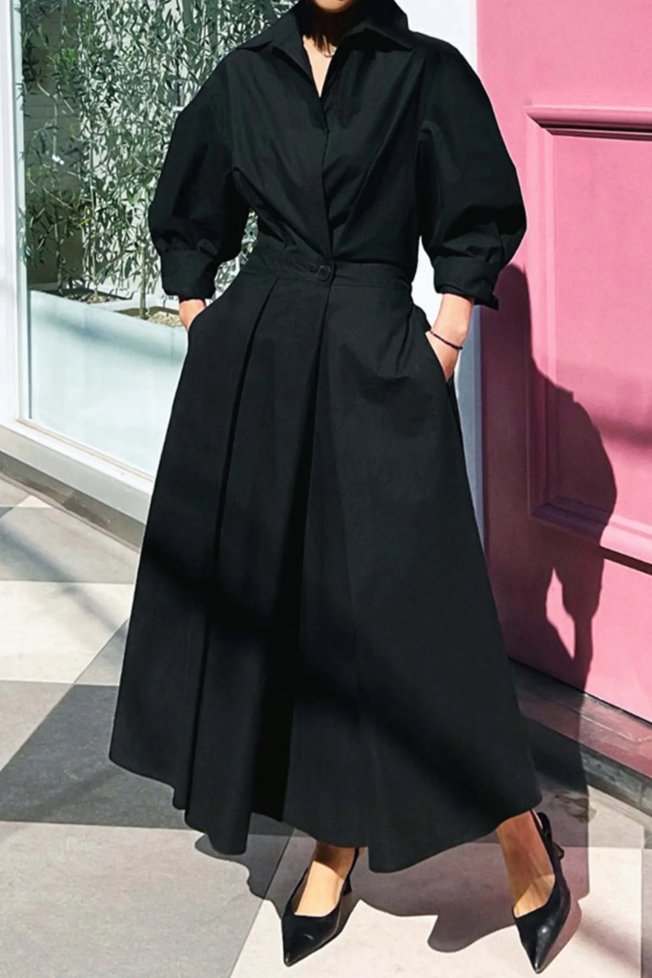 Maxct Cotton Long Sleeve A-Line Shirt Midi Dress