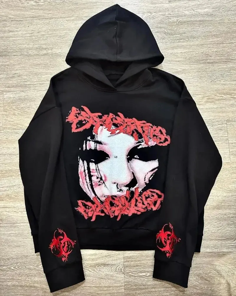 Gothic Geometric Embroidery Splicing Hoodie Y2K Style Maxct