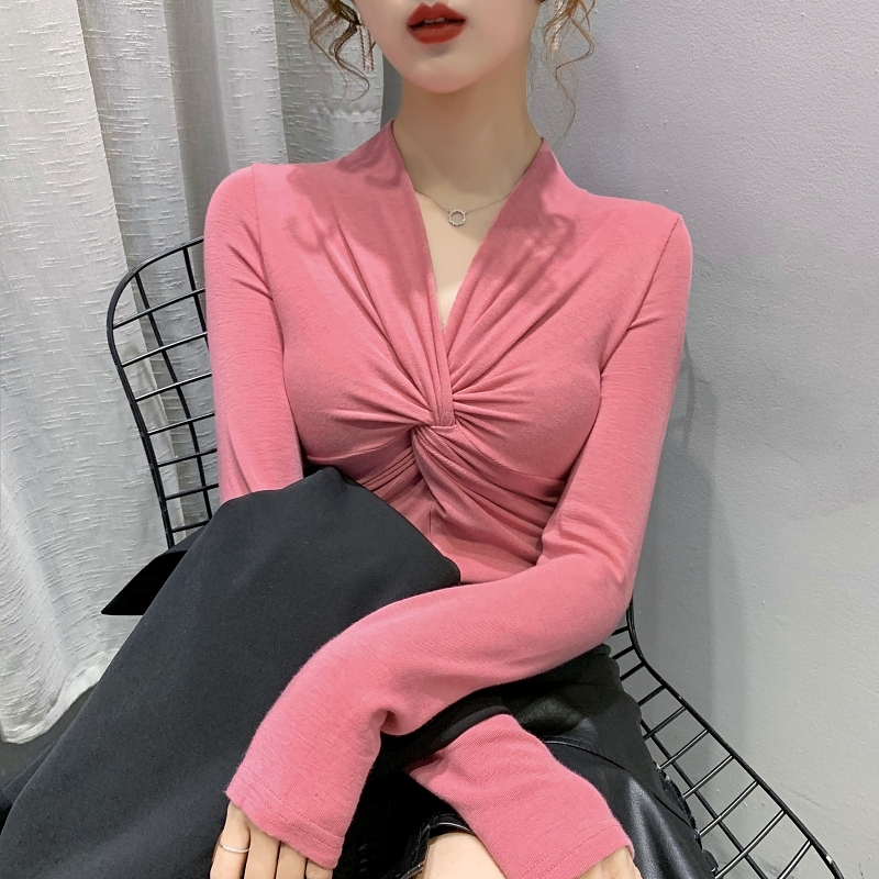 Maxct High Stretchy Tee Women's Full Sleeve Criss-Cross V-neck Tshirt Soft Sheath T-shirts Tops for Female