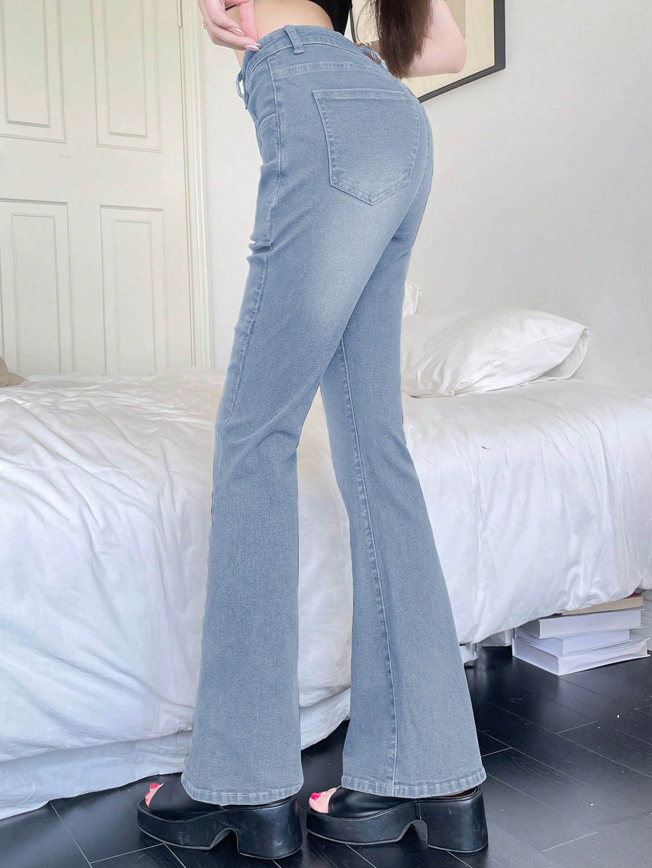 Maxct Solid Color Flared Denim Pants With Pockets, Casual