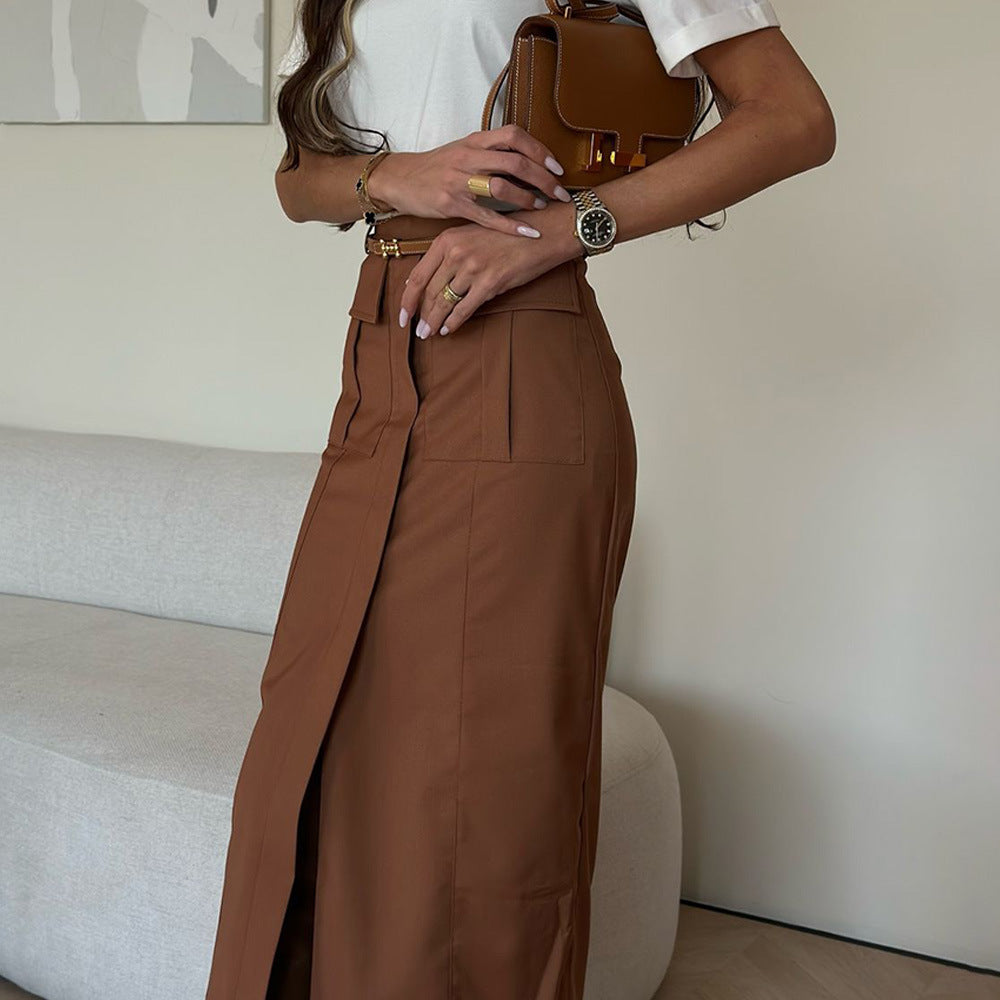 Work Dress: Brown Slit And Body-Hugging Skirt Maxct