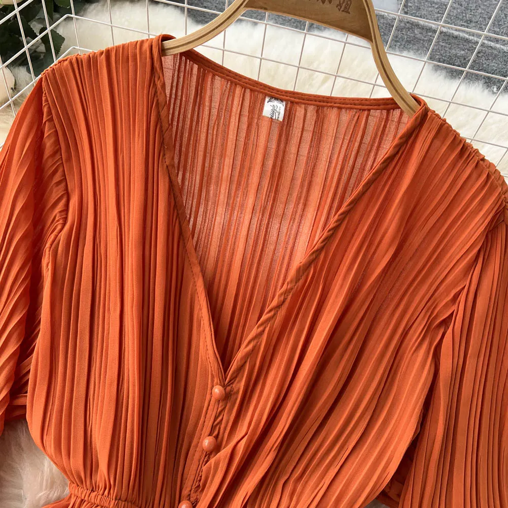 Chiffon Pleated Long Dress Women Vintage V-Neck Flare Sleeve Draped Ruffle Vestido Female Maxi Robe Spring Fall 1215-1