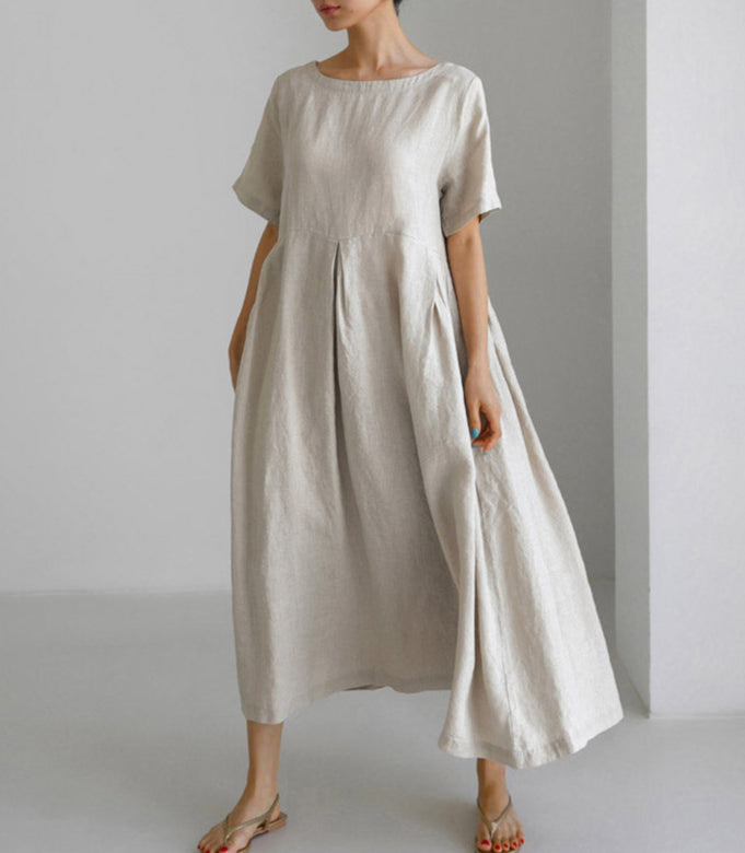 Ladies Solid Color Casual Loose Cotton Linen A-Line Dresses