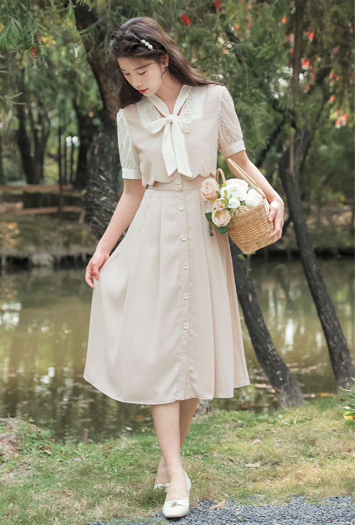 Button Up Tie Neck Twofer Midi Dress Maxct