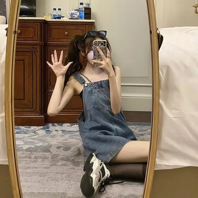 Maxct Korean 2000s Fashion Denim Dresses for Large Women Plus Size Summer Casual Teen Strap Retro Jeans Loose Overall Dress Women