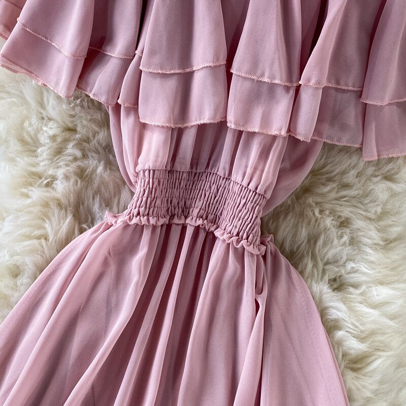 Chiffon Dress Women Sexy Slash Neck Ruffle Robe Elegant Ruffle High Waist Vestidos Female Beach Vacation New