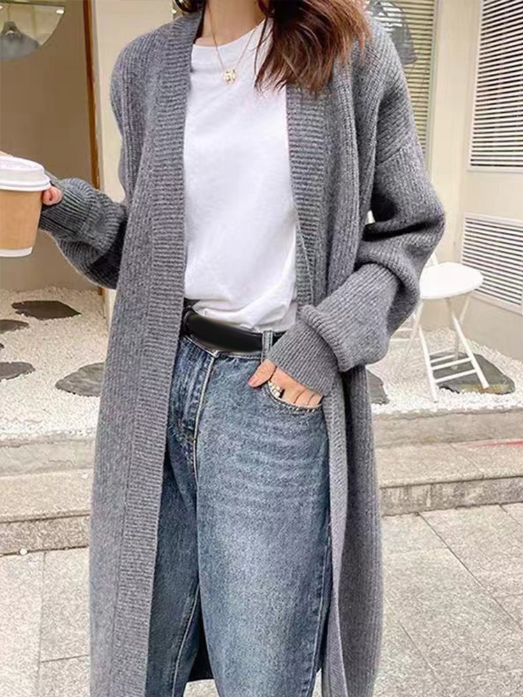 Maxct Casual Knitted Solid Long Cardigan Women Korean Loose Long Open Sweaters Female Autumn Chic Warm Simple Daily Street Tops