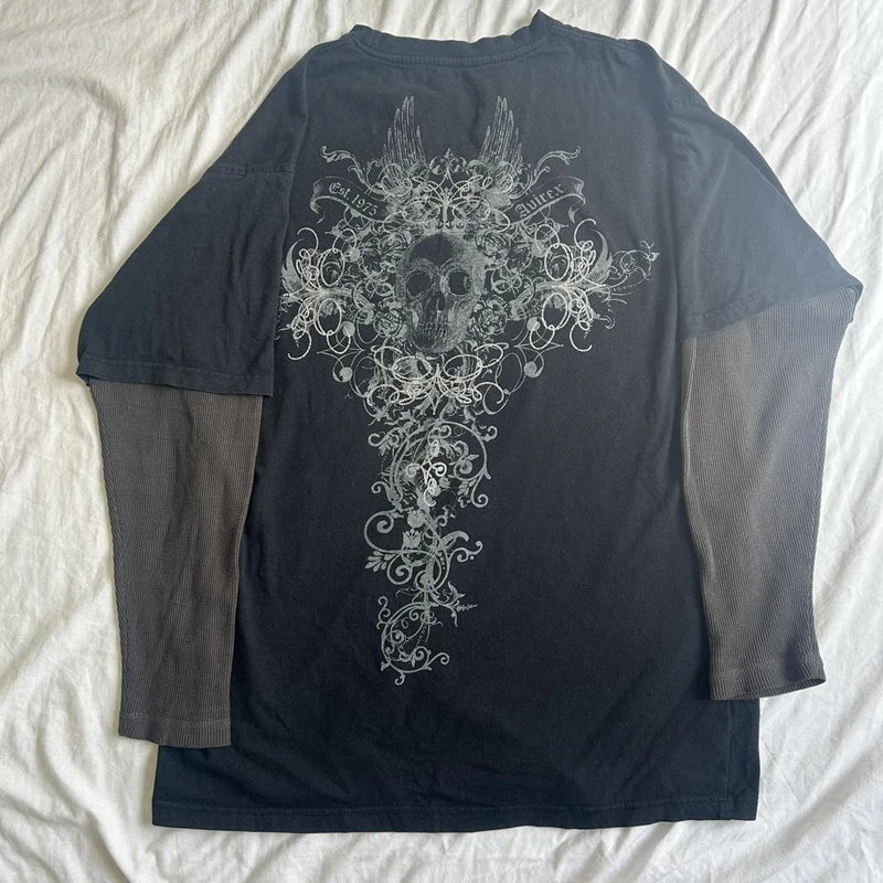 Maxct Cross Print T-shirt Women Y2K Cyber Grunge 00s Retro Harajuku Patchwork Long Sleeve Tee Gothic Mall Goth Sweats Tops