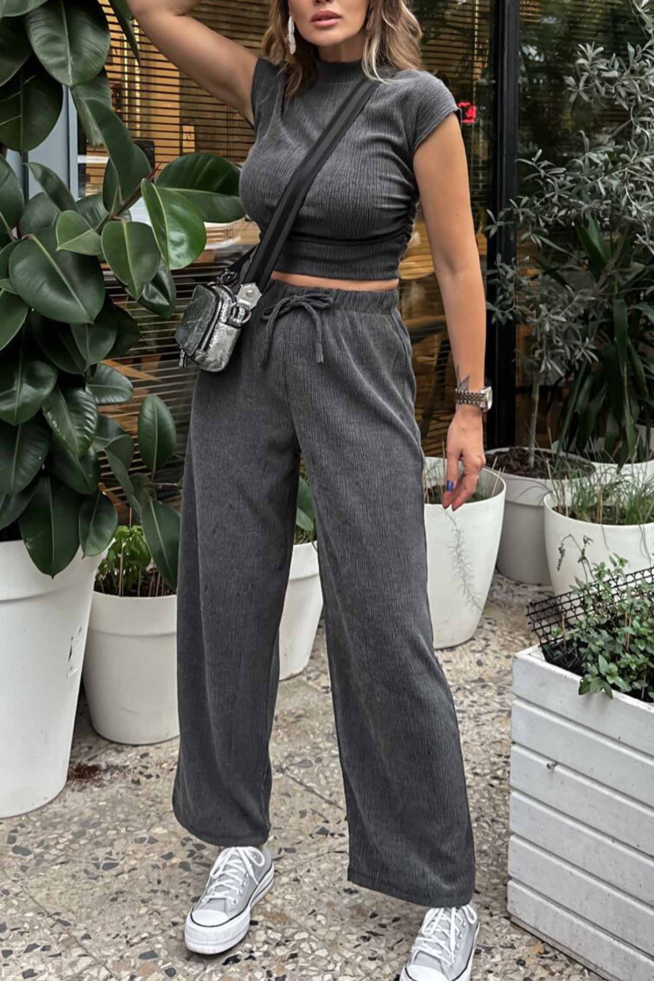 Maxct Mock Neck Short Sleeve Ruched Long Pant Set