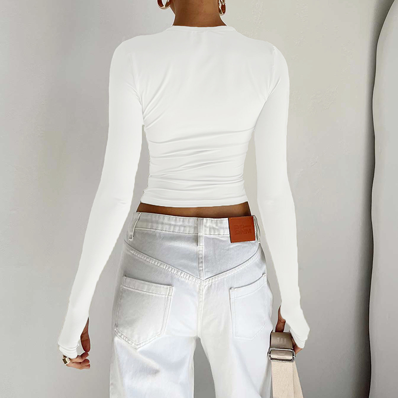 Female Korean Fashion Crop Tops Women Long Sleeve T-Shirts Solid Color O Neck Slim Fit Casual Basic Tees Going Out Outfits