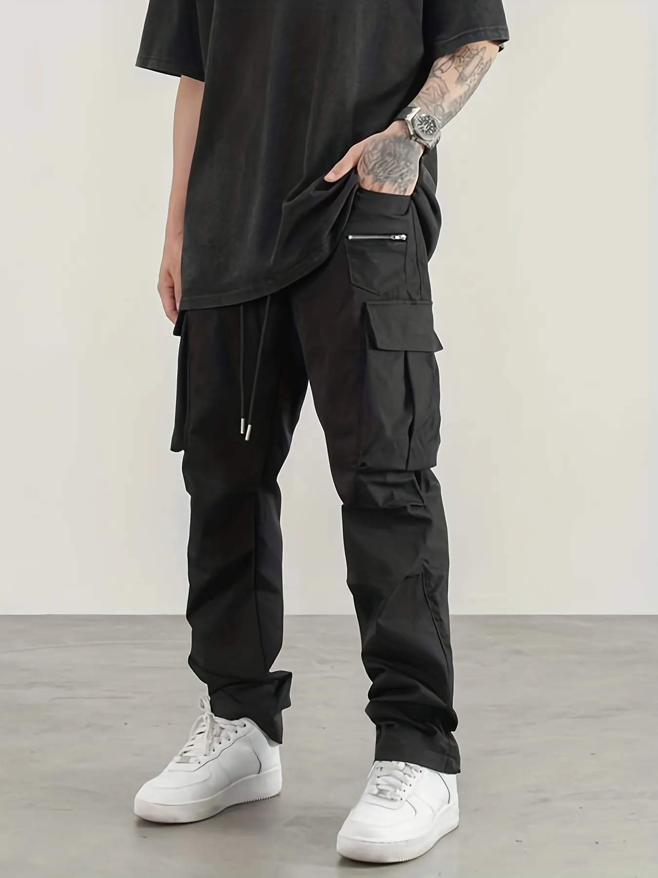 Men's Casual Cargo Pants, Regular Multi Pocket Waist Drawstring Work Pants For Outdoor Activities