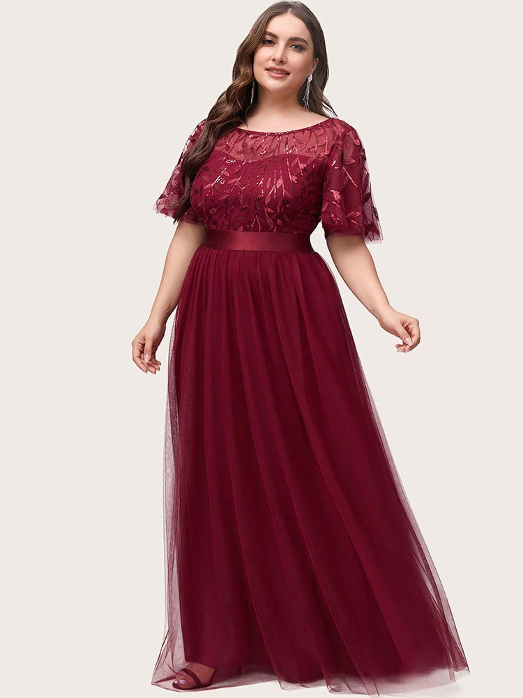Leaf Sequin Bodice Mesh Party Dress Maxct