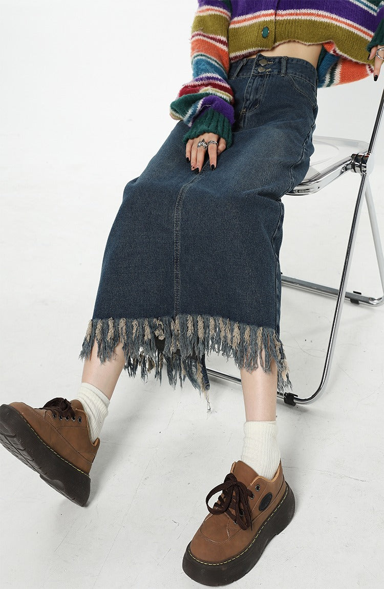 Aesthetic Long Denim Fringe Skirt Maxct