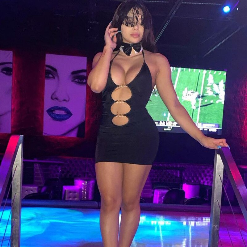 Halter Sexy Lace Up Mini Dress Party Club Outfit Cut Out Metal Ring Ties Bodycon Dresses Summer Chic Harajuku Clothes