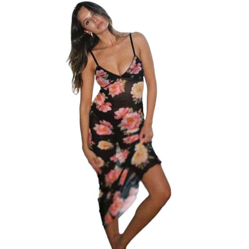 Maxct Style Autumn And Winter New Women's Fashion V-neck Sexy Perspective Mesh Printing Slim-fit Dress Women