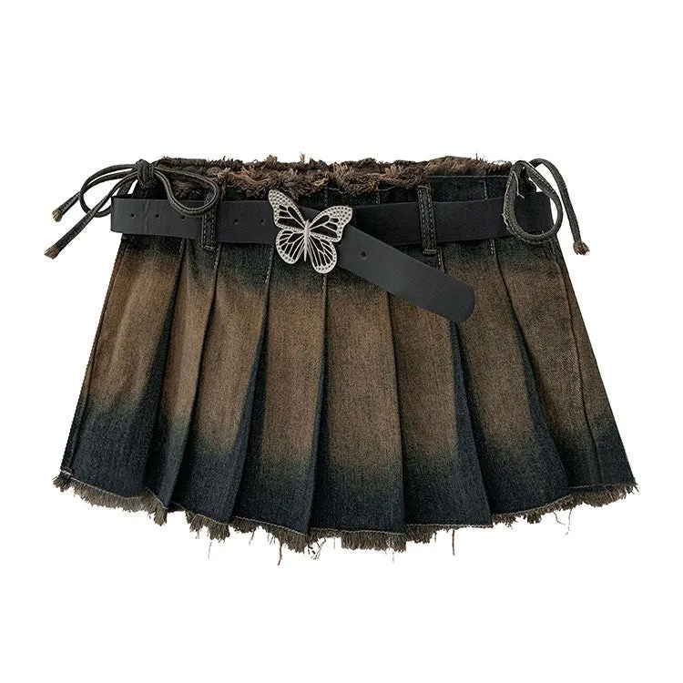 Denim Distressed Pleated Mini Skirt Maxct