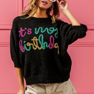Maxct &BiBi Metallic Letter Puff Sleeve Hairy Sweater