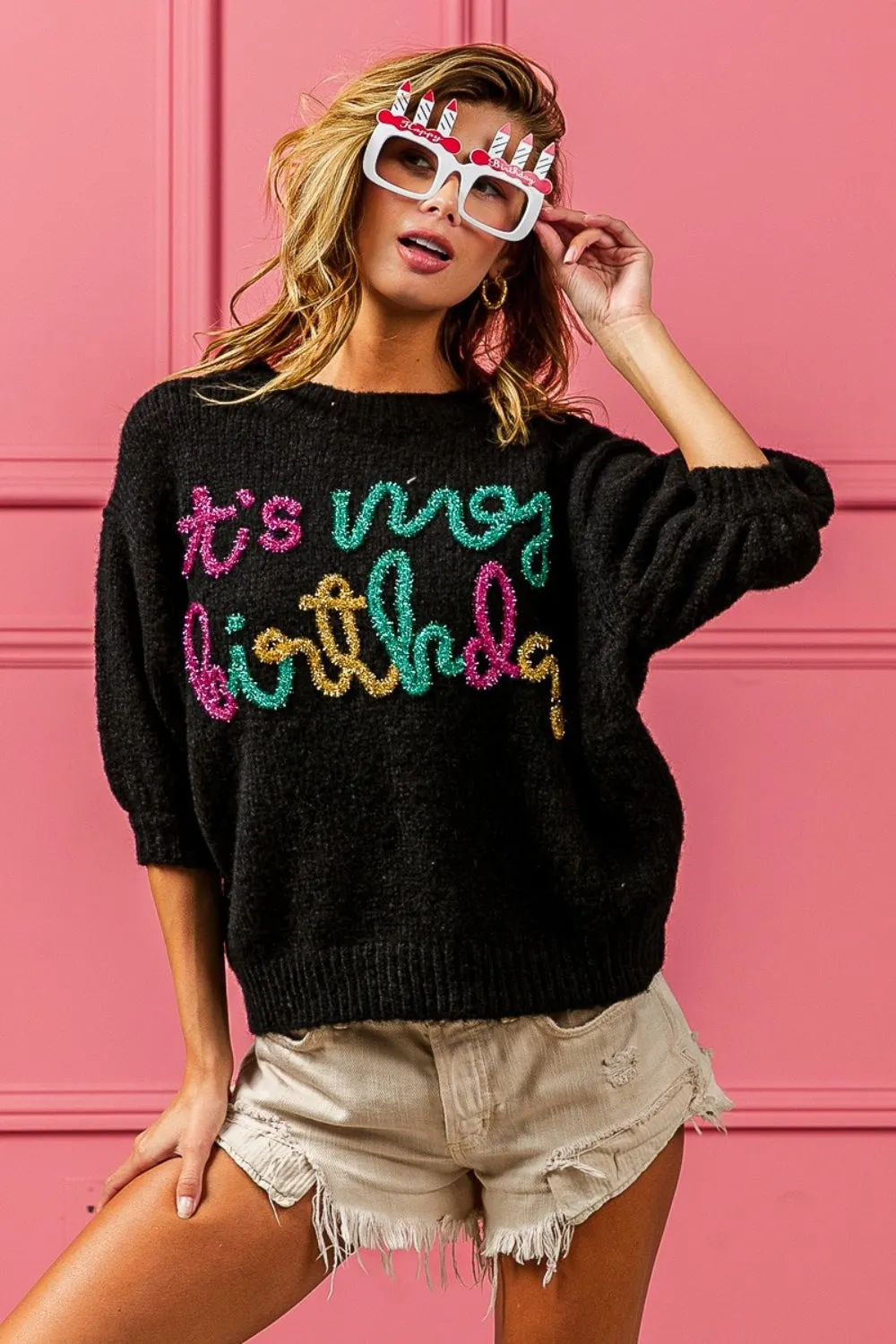 Maxct &BiBi Metallic Letter Puff Sleeve Hairy Sweater