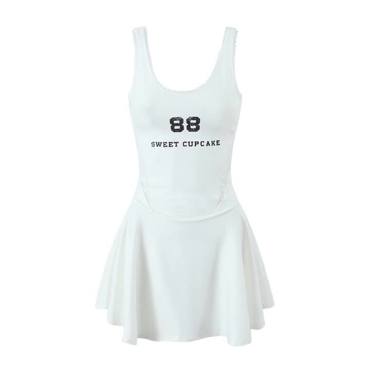 Maxct Spring Style Lace U-Collar Digital Printing Sports Style Slim Dress Short Skirt