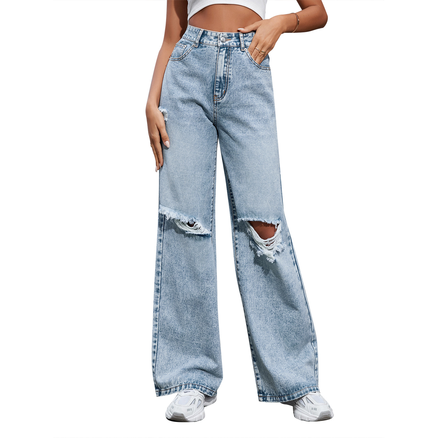 Maxct outfit inspo Women's Ins Fashion Ripped High Waist Wide Leg Pants Casual Denim Pants Fashion