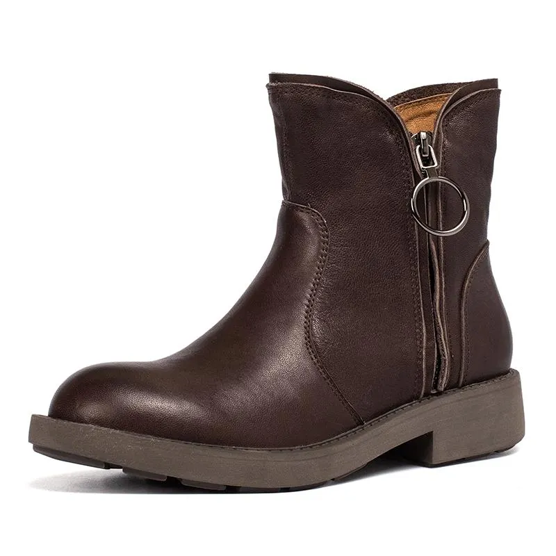 Waxing Sheepskin Short Boots Designer Retro Chunky Ankle Boots Dark Coffee/Black Maxct