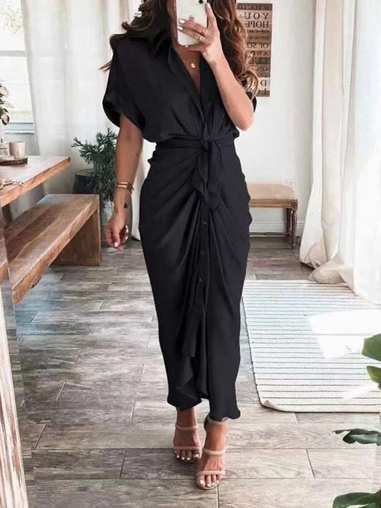 Satin Pleated Bandage Shirt Dress Maxct