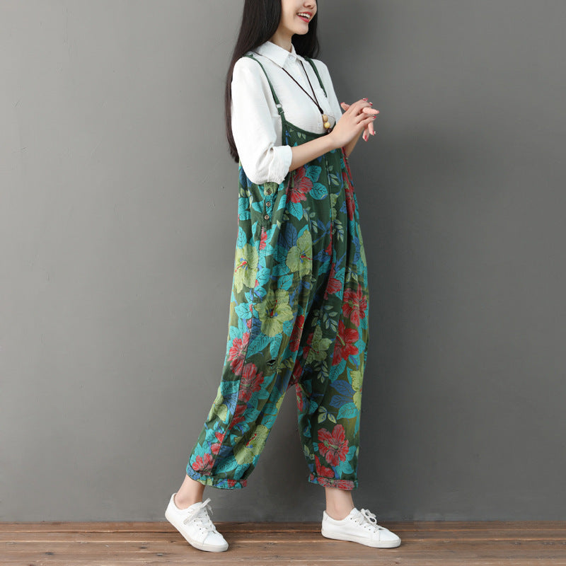 Women Summer Retro Floral Printed Strappy Pants