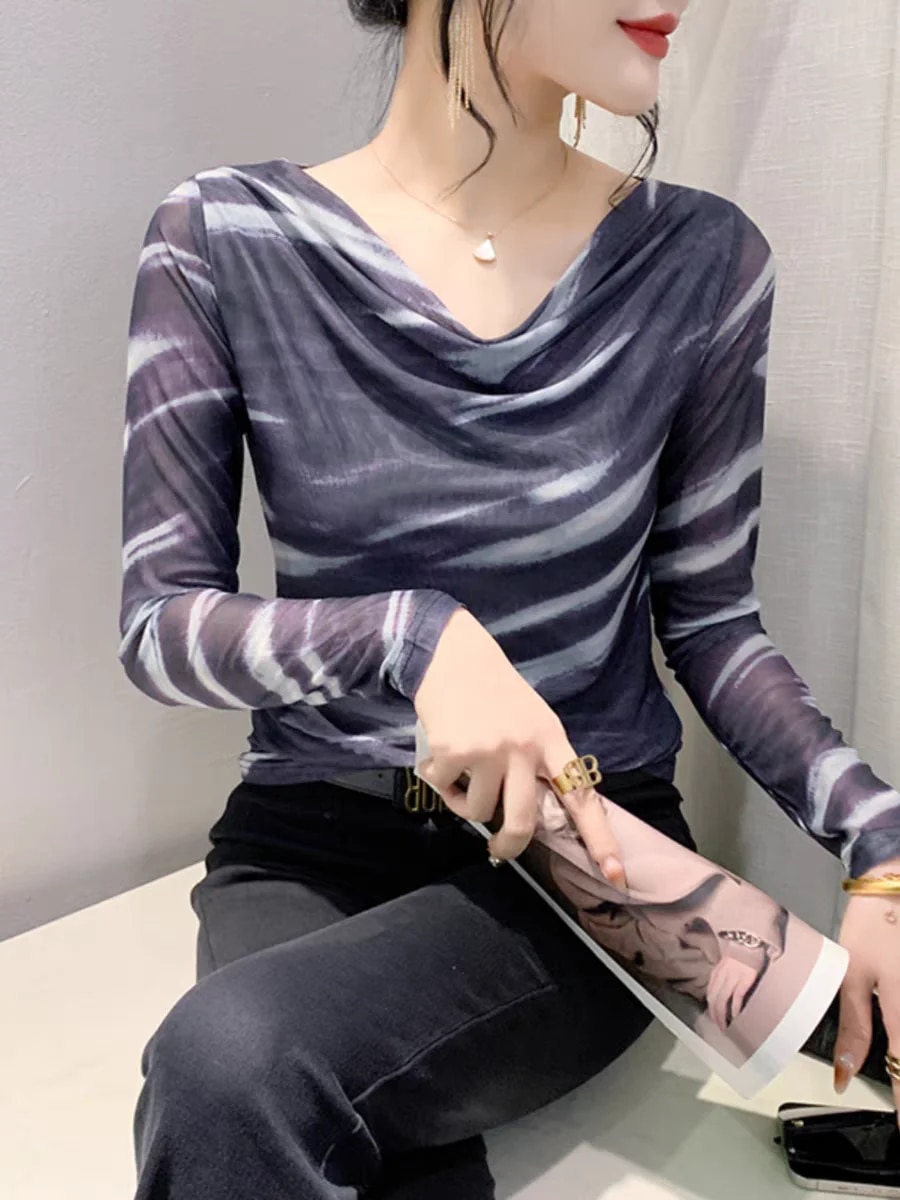 Maxct Spring Summer Double-Layer Mesh Top Long Sleeve Printing T-shirt Woman Slim Fitting Tee For Female