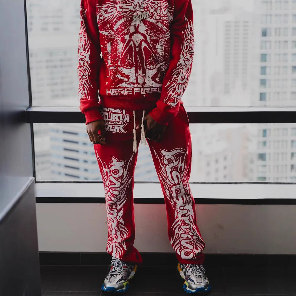 Maxct Y2k Sex Dark Punk Print Pattern Long Sleeved Pullover Hoodie Sweatshirt Casual Pants High Street Sweatpants Vintage Streetwear