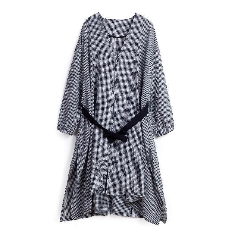 Spring Linen Plaid Casual Loose Long Shirt Dress For Women