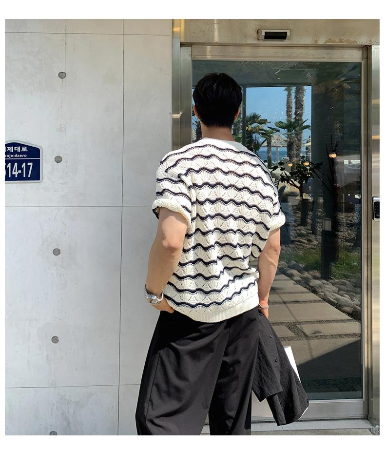 Maxct 90s Streetwear Men's T-shirt Short-sleeved Summer Trendy Brand High-grade Sense Heavy Industry Hollow Knitted Sweater Jacquard Wave Striped T-shirt Top