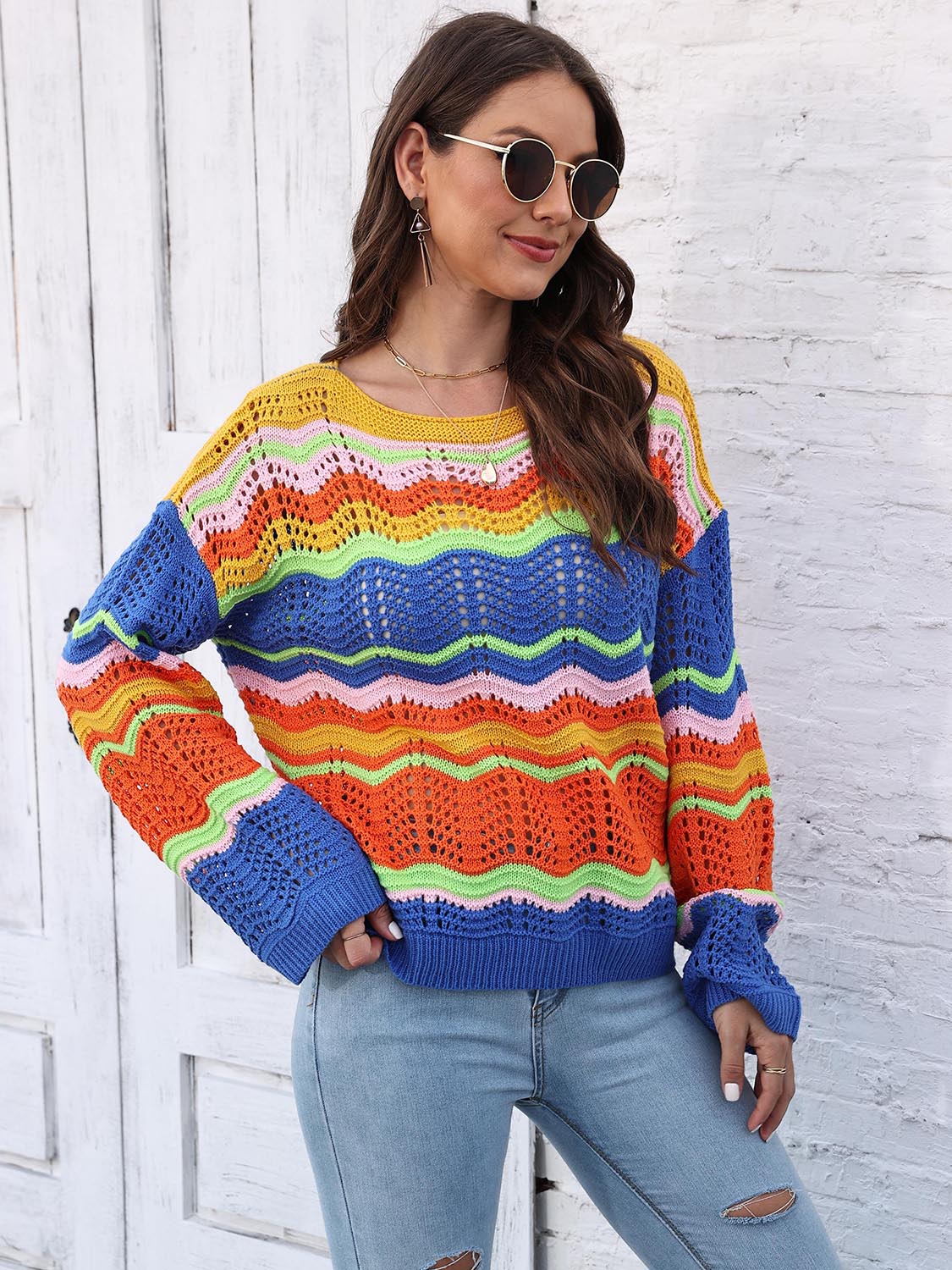 Maxct &Openwork Round Neck Knit Top